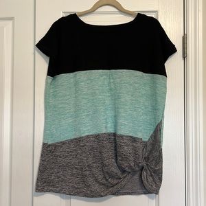 Black teal and grey colorblock top with tied waist, NWOT, size XL